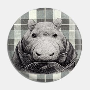 Hefty Hippopotamus in a coat, on a plaid background. Pin