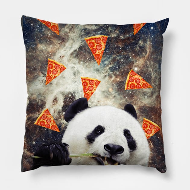 Panda in flying pizza space Pillow by reesea