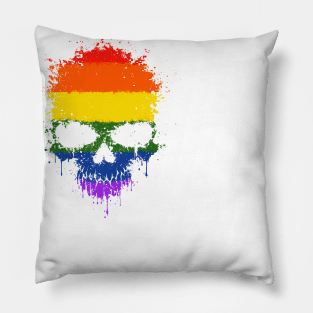 Chaotic Gay Pride Rainbow Flag Splatter Skull Pillow