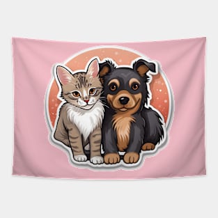 Charming Kitten and Puppy Duo with Warm Backdrop Tapestry