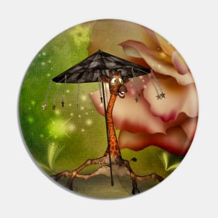 Funny, cute giraffe with umbrella Pin