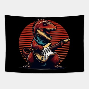 Retro musician tyrannosaurus playing on guitar Tapestry