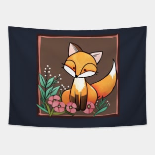 Cute Folk Art Fox With Flowers Tapestry