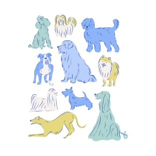 Illustrated Dogs in Blue and Green T-Shirt