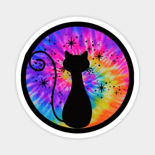 Tie Dye Black Cat: Rainbow Pink Trippy Hippie, Boho Psychedelic, Retro Vintage Sunset Vibe Magnet