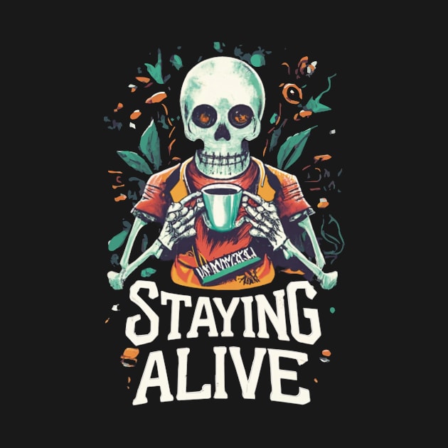 Staying Alive Skeleton Drink Coffee Funny Skull Halloween by Imou designs