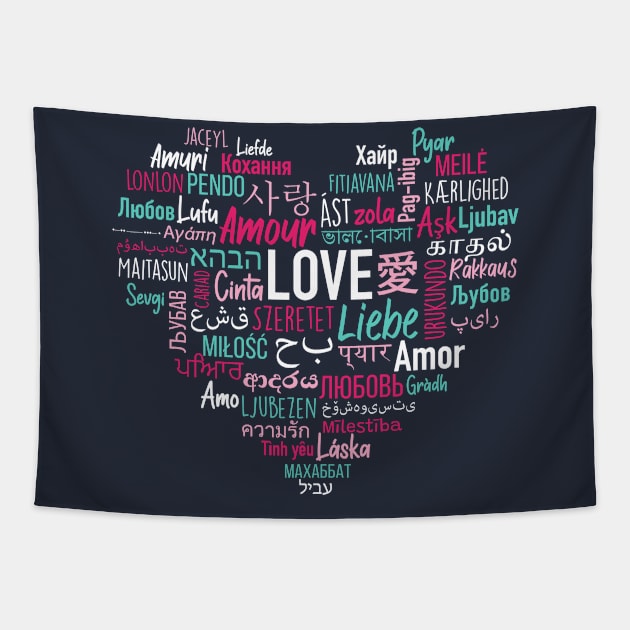 Love in Many Languages | Heart Shape Valentine's Day Tapestry by SLAG_Creative