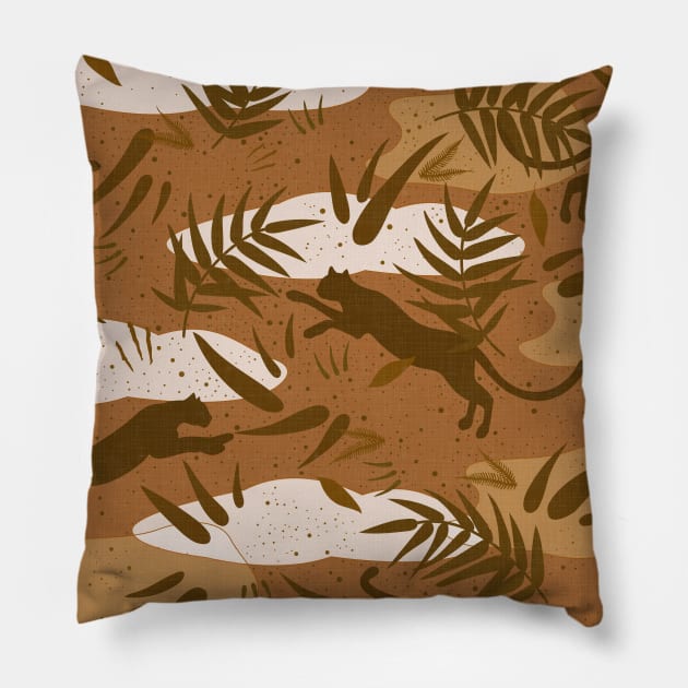 Wilderness with Exotic Plants and Big Cats in Vintage, Earthy, Desert Shades Pillow by matise