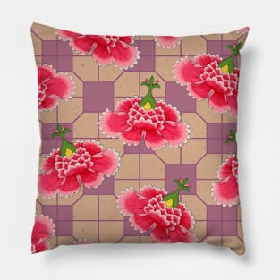 Chinese Vintage Pink and Red Flowers with Dusty Pink Tile - Hong Kong Traditional Floral Pattern Pillow