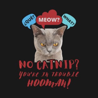 NO CATNIP? Meow? What? Que? Silly Cat Food Design T-Shirt