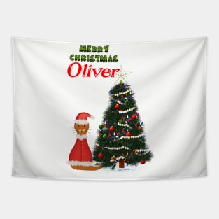 Oliver Dressed as Santa by His Christmas Tree Tapestry