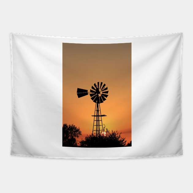 Kansas Golden Sunset with a Windmill silhouette. Tapestry by ROBERTDBROZEK