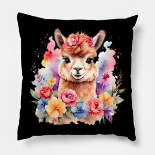 An alpaca decorated with beautiful watercolor flowers Pillow