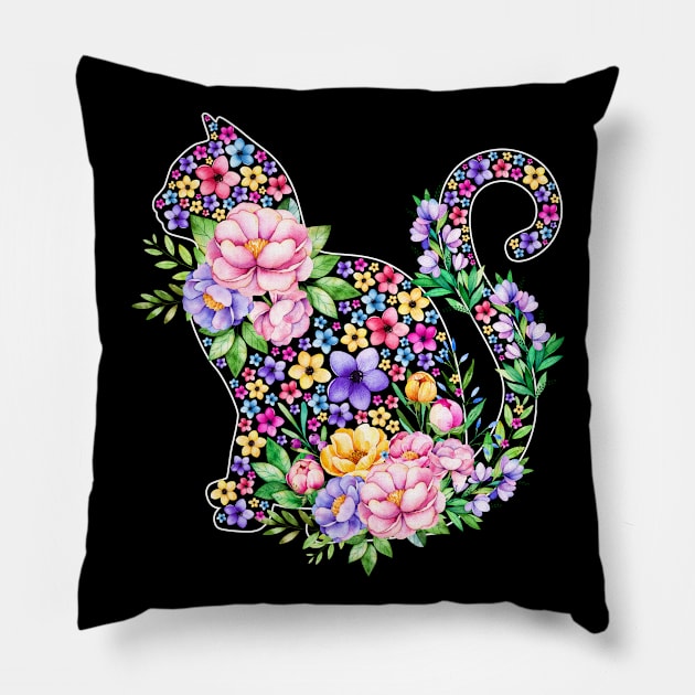 Cat Watercolor Floral Pillow by LotusTee