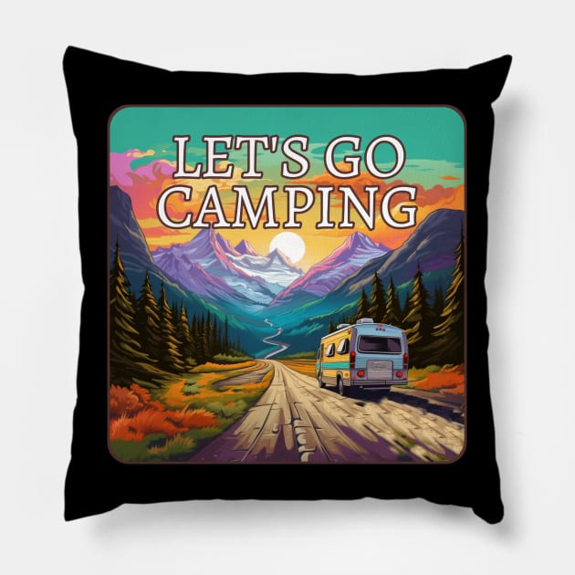 Let's Go Camping Camp Glamping Mountain Landscape Pillow by Funny Stuff Club