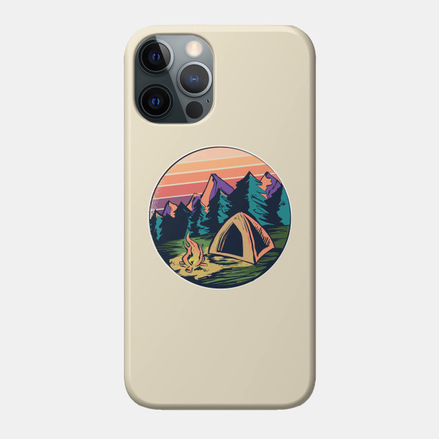 retro vintage camping landscape with tent - outdoor gift for camping lovers - Camping Lovers Clothing - Phone Case