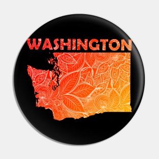 Colorful mandala art map of Washington with text in red and orange Pin