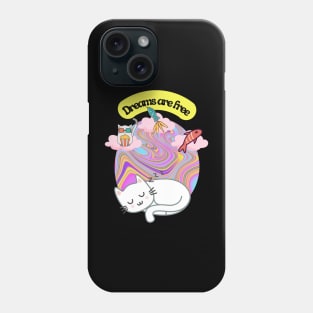 White cat dreaming of food and fun in a psychedelic world Phone Case