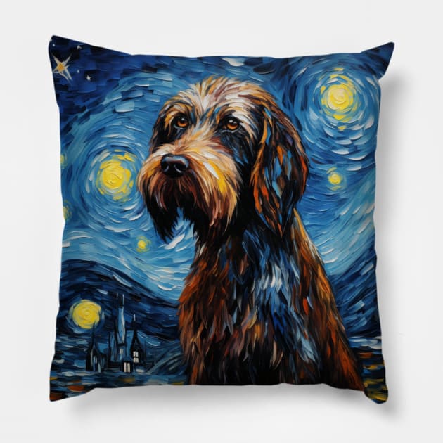 German Wirehaired Pointer dog in Starry Night style Pillow by NatashaCuteShop