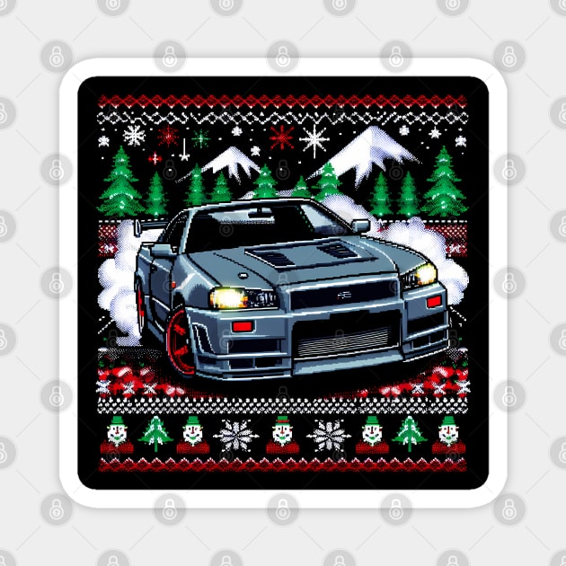 Ugly Christmas Sweater Nissan Skyline R34 GTR Magnet by TaevasDesign