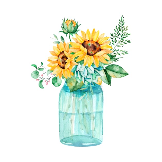 Sunflowers, Mason jar, sunflower bouquet, watercolor, watercolor sunflowers by SouthPrints