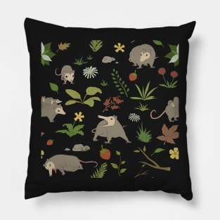 Possums in a Berry Field Pattern on Black Pillow