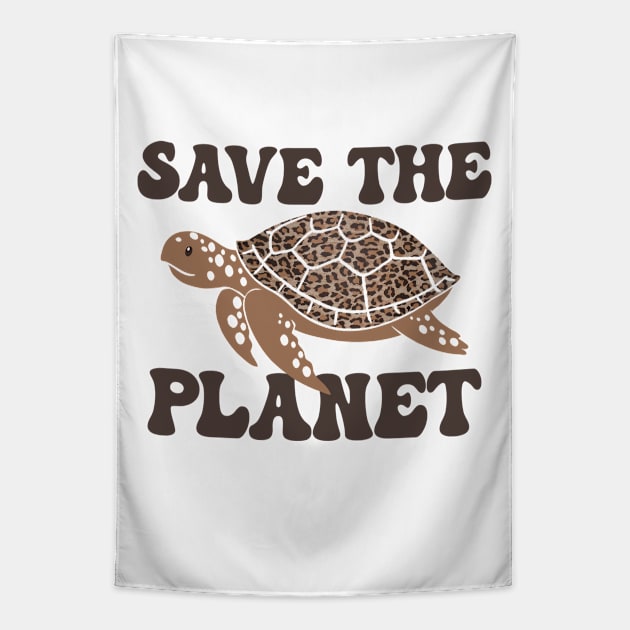 Earth Day Save The Planet Groovy Retro Turtle Leopard Print Tapestry by Julorzo