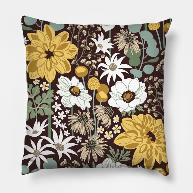 Boho garden // pattern // expresso brown background sage green yellow ivory and white flowers Pillow by SelmaCardoso