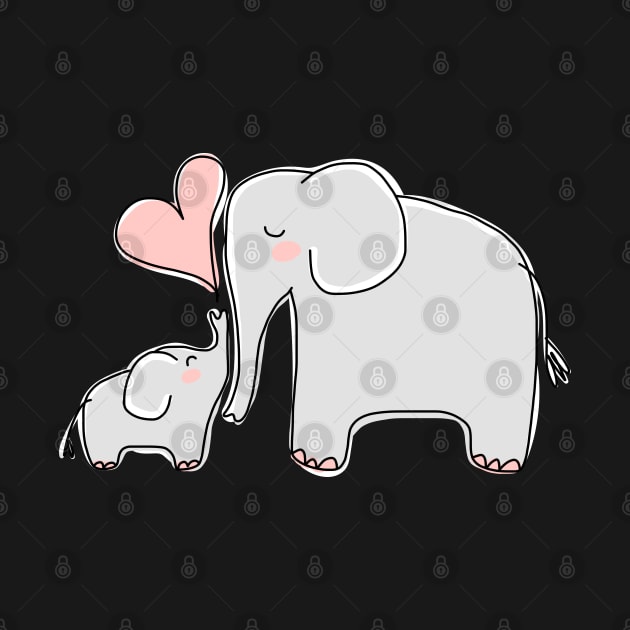 Mom and Baby Elephant with Pink Heart by HappyCatPrints