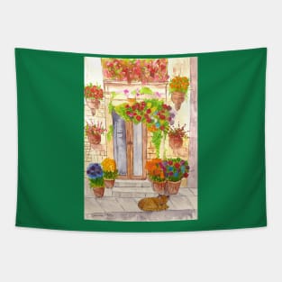 Mediterranean Villa with Flowers and a Cat! Tapestry