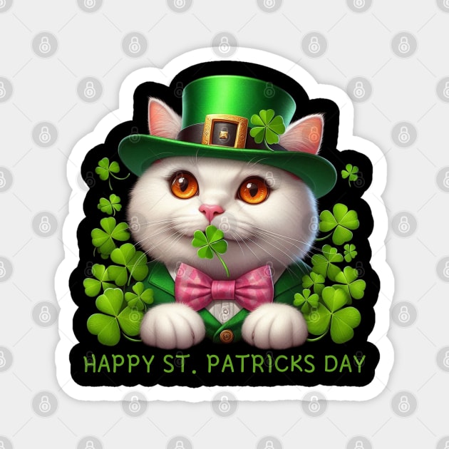 Happy St. Patricks Day Irish White Cat Holding A Shamrock Lucky Magnet by Creatifly Graphic Tees