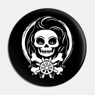 Skipper Skull and Wheel White Logo Pin