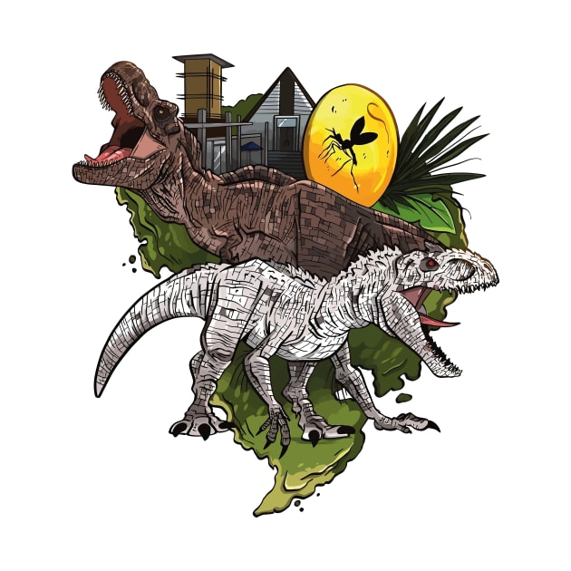 Amber Treasures: Rustic Illustration of T-Rex and Indominus Rex with the Famous Mosquito in Amber by WorldDinosaurs