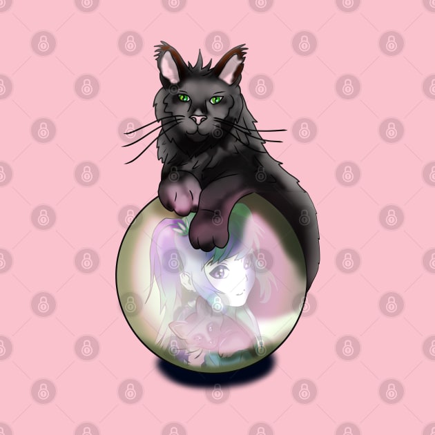 Black witch cat with a pink glow crystal ball by cuisinecat