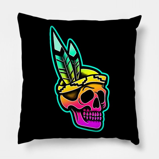 colorful native american skull Pillow by Squatchyink