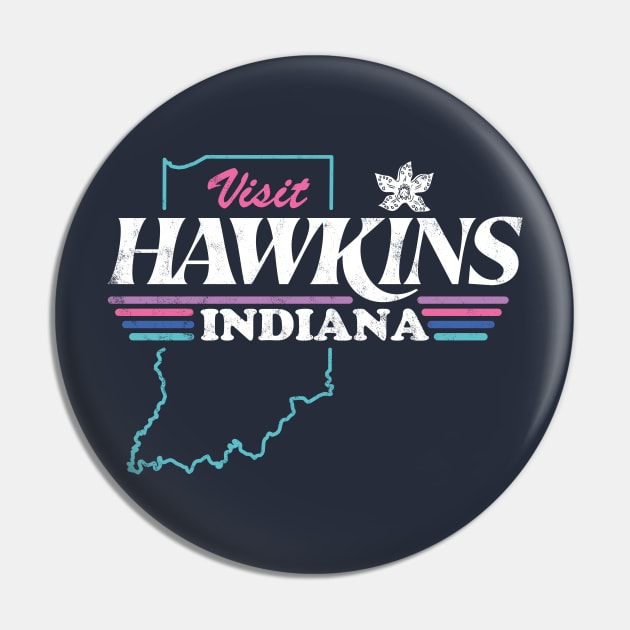 Visit Hawkins, Indiana – Stranger Things 1980s Tourist Souvenir design with Demogorgon Pin by thedesigngarden