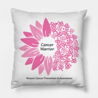 Breast cancer warrior with flower, hearts, ribbons & black type Pillow