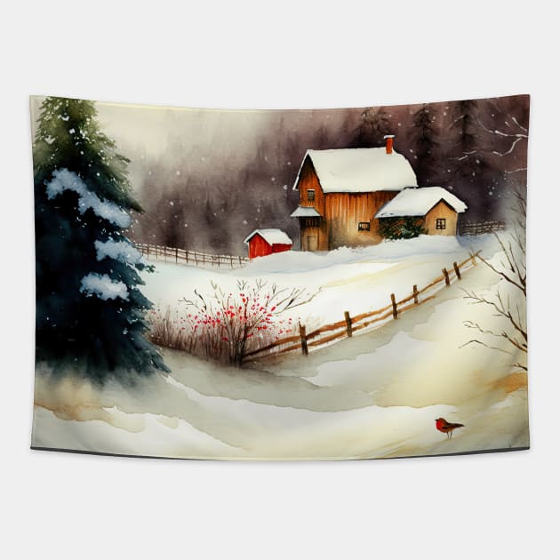 Chritsmas Snow Winter Watercolor Landscapes series 2 Tapestry by Mi Styles