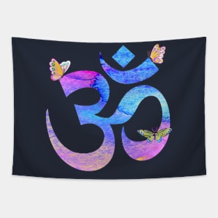 Om watercolor in blue and pink with butterflies Tapestry