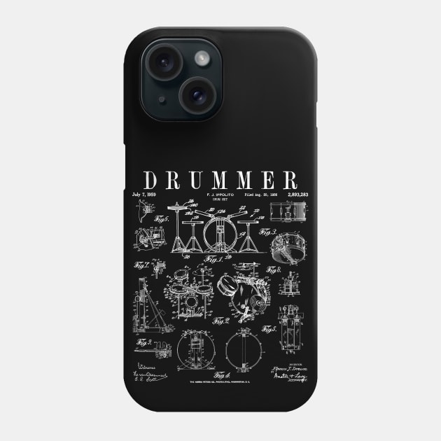 Drum Set Kit Vintage Patent Drummer Drawing Print WHITE Phone Case by Grandeduc