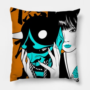 orange oni mask Pillow