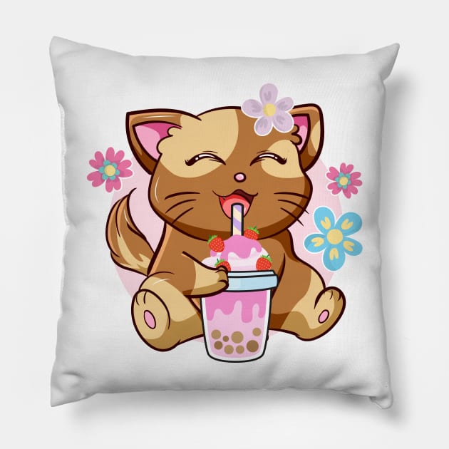 Boba Cat Tea Neko Girl Teen Bubble Kawaii Anime Japanese Pillow by jodotodesign