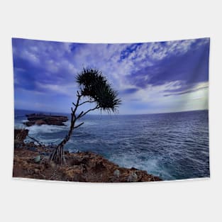 A palm tree on rock plateau with a rock island in the sea Tapestry