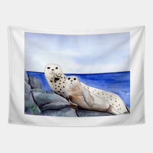 Seal Family Watercolor and Ink Illustration Tapestry