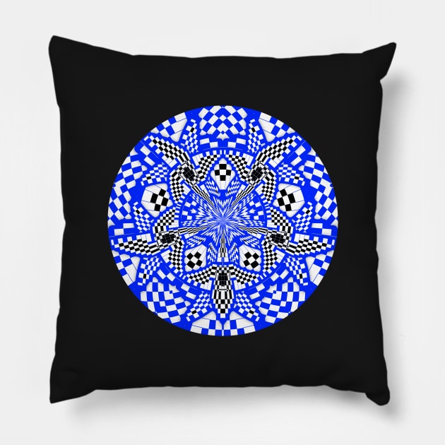 Blue Black and White Checkered Circular Mandala Pillow by SeaChangeDesign