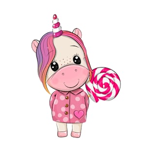 Cute unicorn in a pink coat with a lollipop. T-Shirt