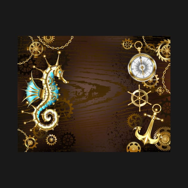 Wooden Background with Mechanical Seahorse ( Steampunk ) by Blackmoon9