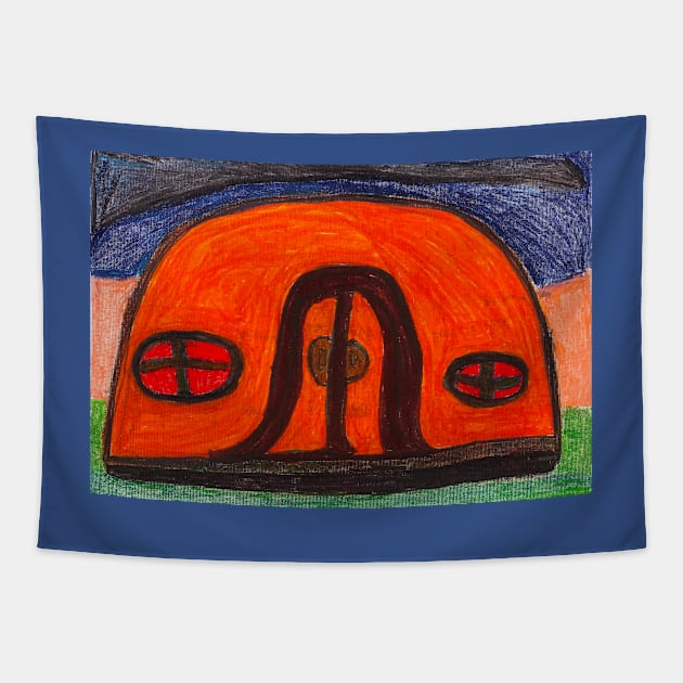 Colourful Orange Igloo on Grass with Cream and Blue Background Tapestry by PodmenikArt