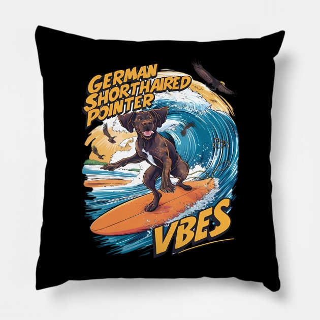 German Shorthaired Pointer Catching Big Wave Pillow by coollooks