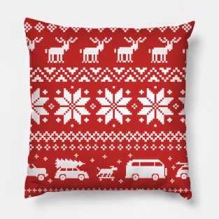 Red and White Christmas Sweater Pattern with Reindeer and Cars Pillow